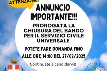 Servizio Civile Universale 2025 - Proroga scadenza al 27 febbraio