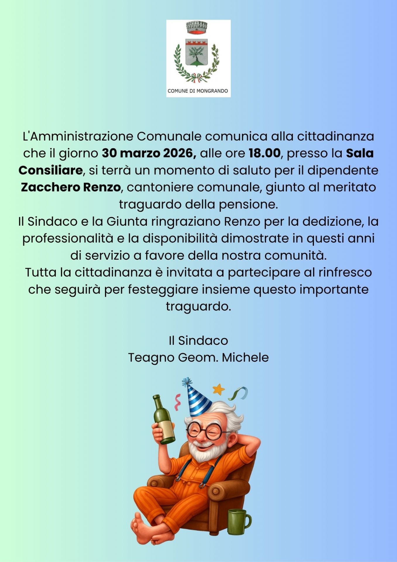 Locandina con lo stesso testo presente nell'articolo, accompagnato dall'immagine stilizzata di un allegro vecchietto che brinda.