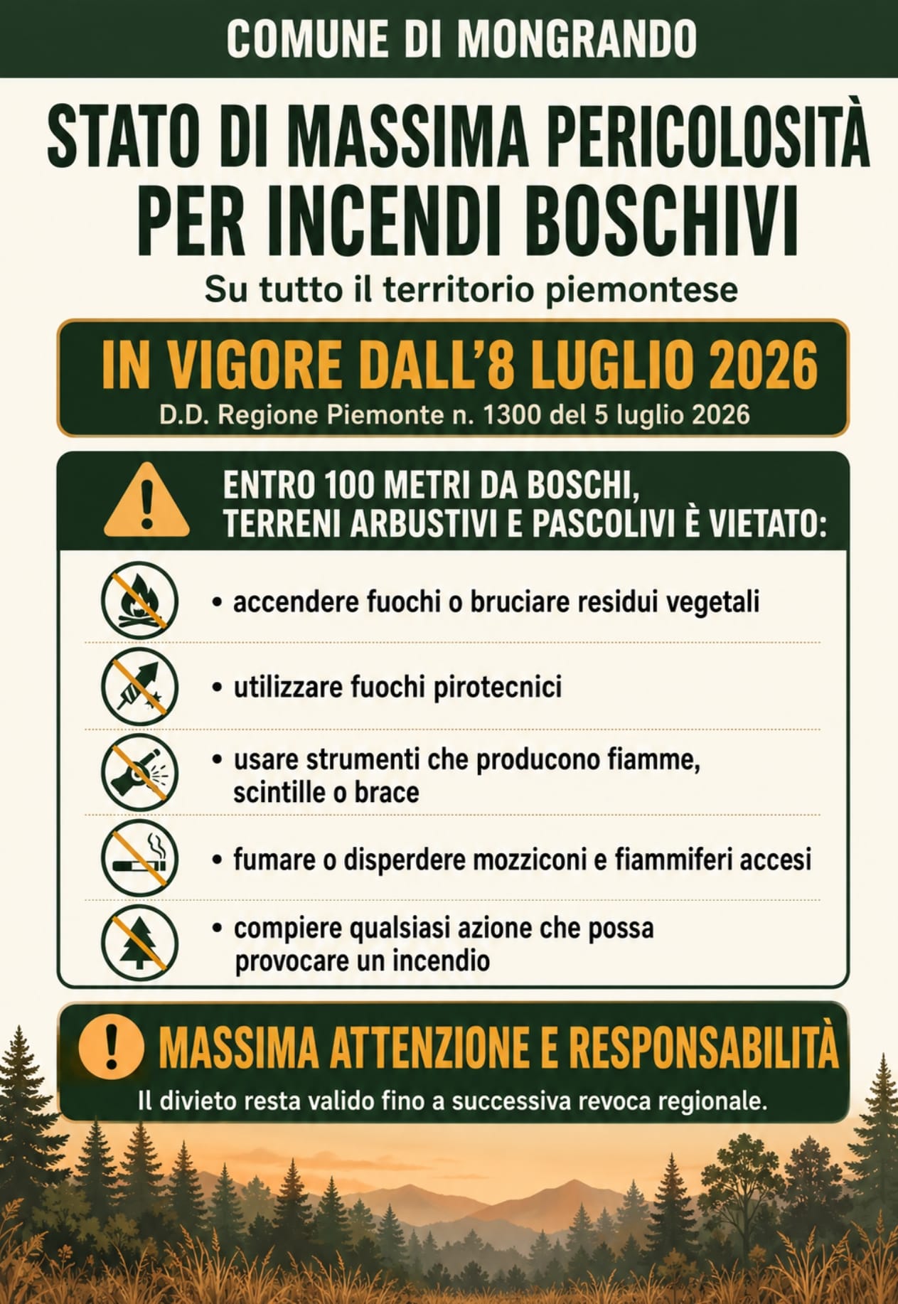 Locandina avviso di stato di massima pericolosità per incendi boschivi